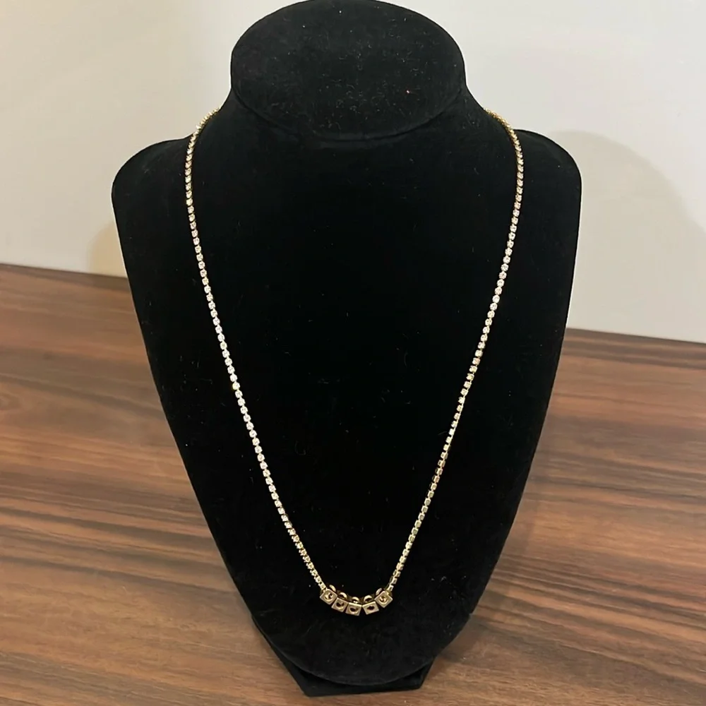 Rachel Leigh goldtone necklace with rhinestone chain and open cubes
